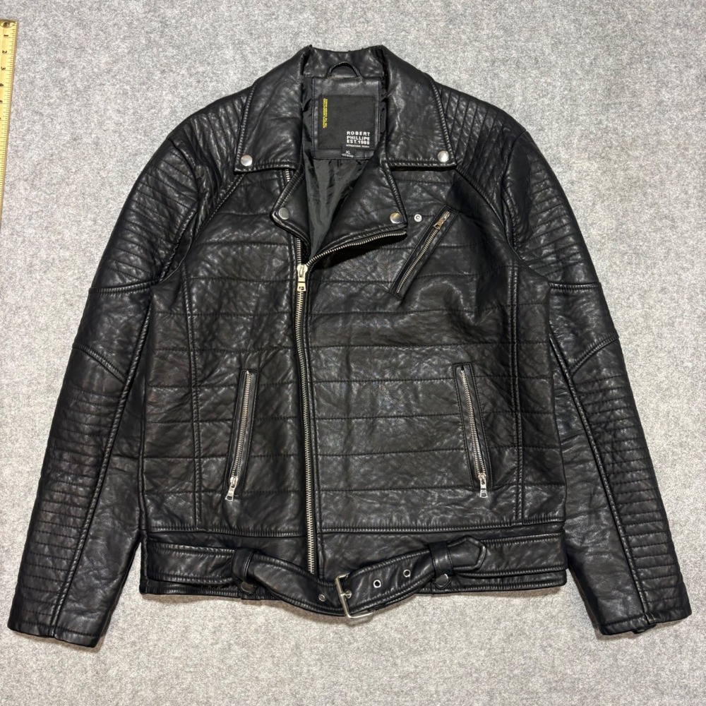 Robert Phillipe Mens Black Faux Leather Quilted Moto Biker Jacket XL Belted